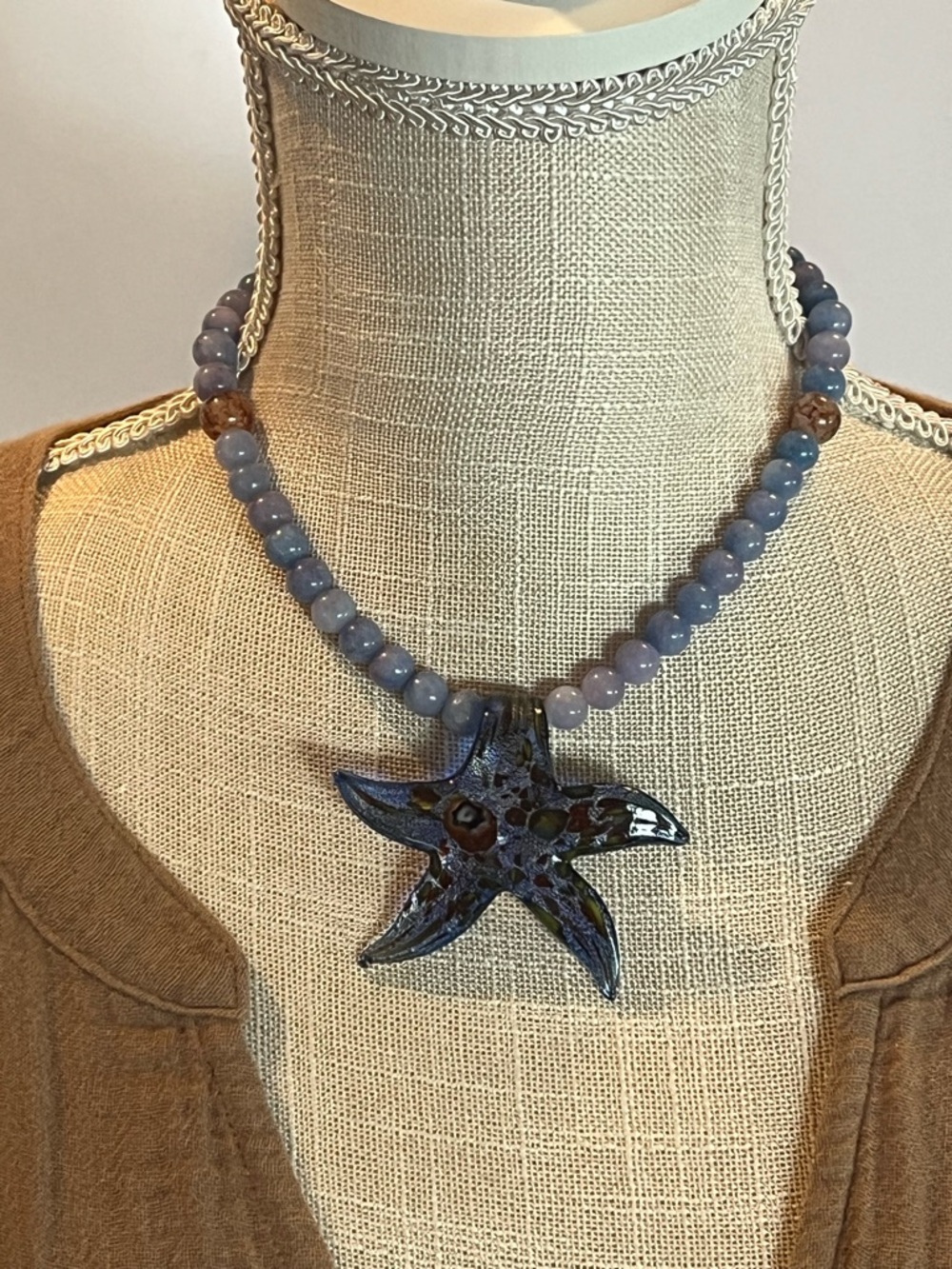 Handcrafted Blue Starfish Pendant Necklace with Beaded Strand